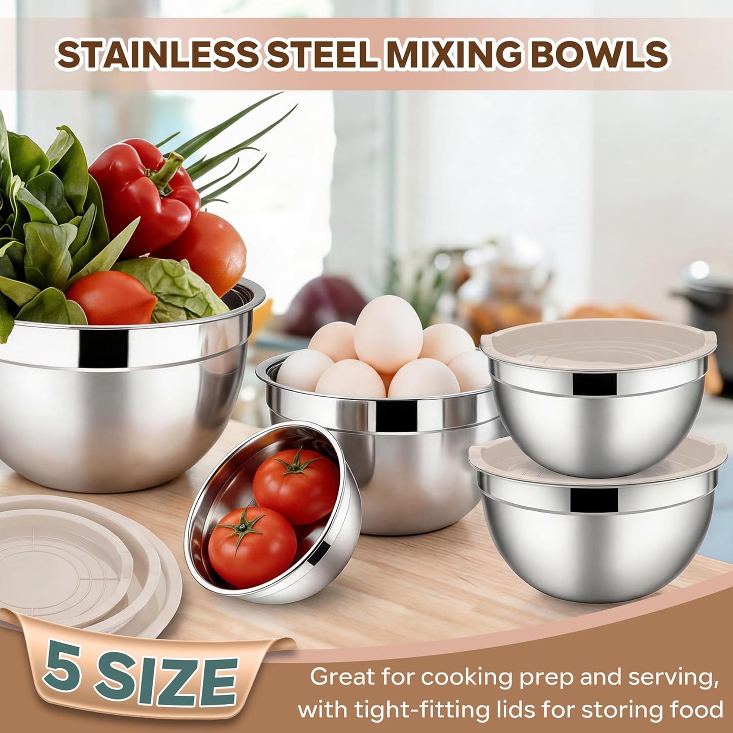 E-far Mixing Bowls with Lids, 6-Piece Stainless Steel Salad Bowls Metal Nesting Bowls for Baking Cooking and Prepping, Airtight Lids & Stackable Design, Size 4.5, 3, 1.5 QT (Black)