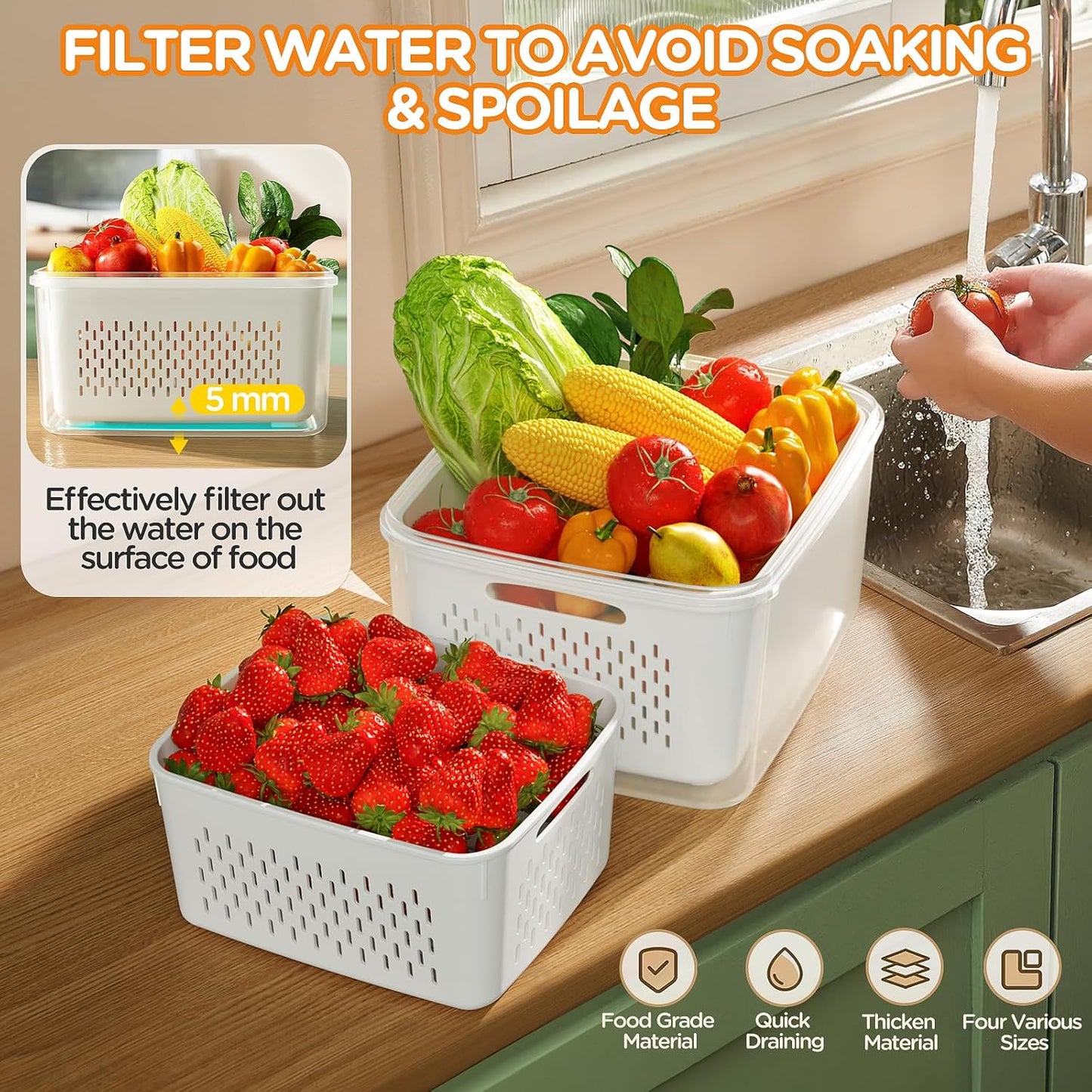 4 PCS Fruit Storage Containers for Fridge, Produce Containers for Fridge with Removable Colander, All-In-One Fruit Washing Bowl with Strainer Microwave/Dishwasher Safe for Salad Berry Lettuce Keeper