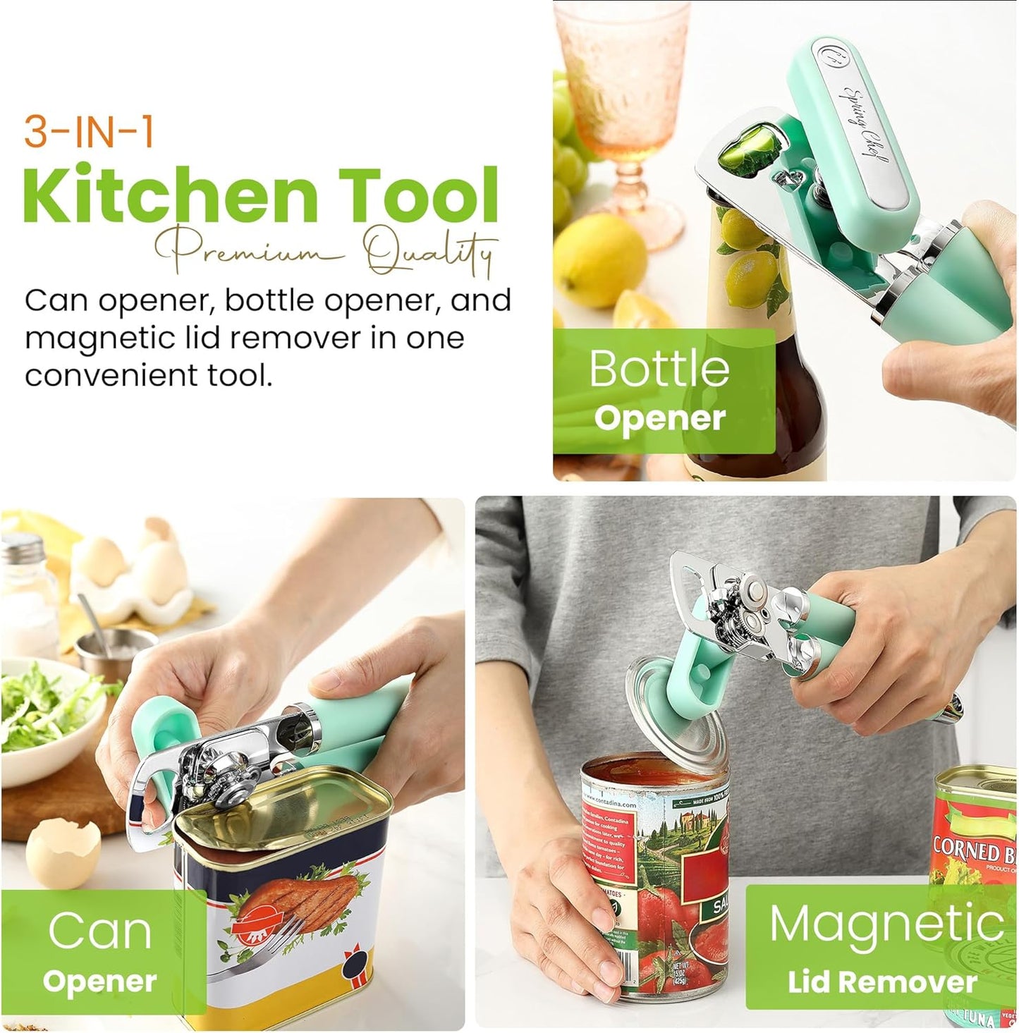 Spring Chef Stainless Steel Can Opener - Manual with Soft Grip Handles, Easy Turn, Heavy Duty Hand Can Openers for Seniors with Smooth Edge - Magnetic Lid Remover - Black