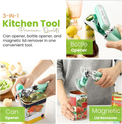 Spring Chef Stainless Steel Can Opener - Manual with Soft Grip Handles, Easy Turn, Heavy Duty Hand Can Openers for Seniors with Smooth Edge - Magnetic Lid Remover - Black