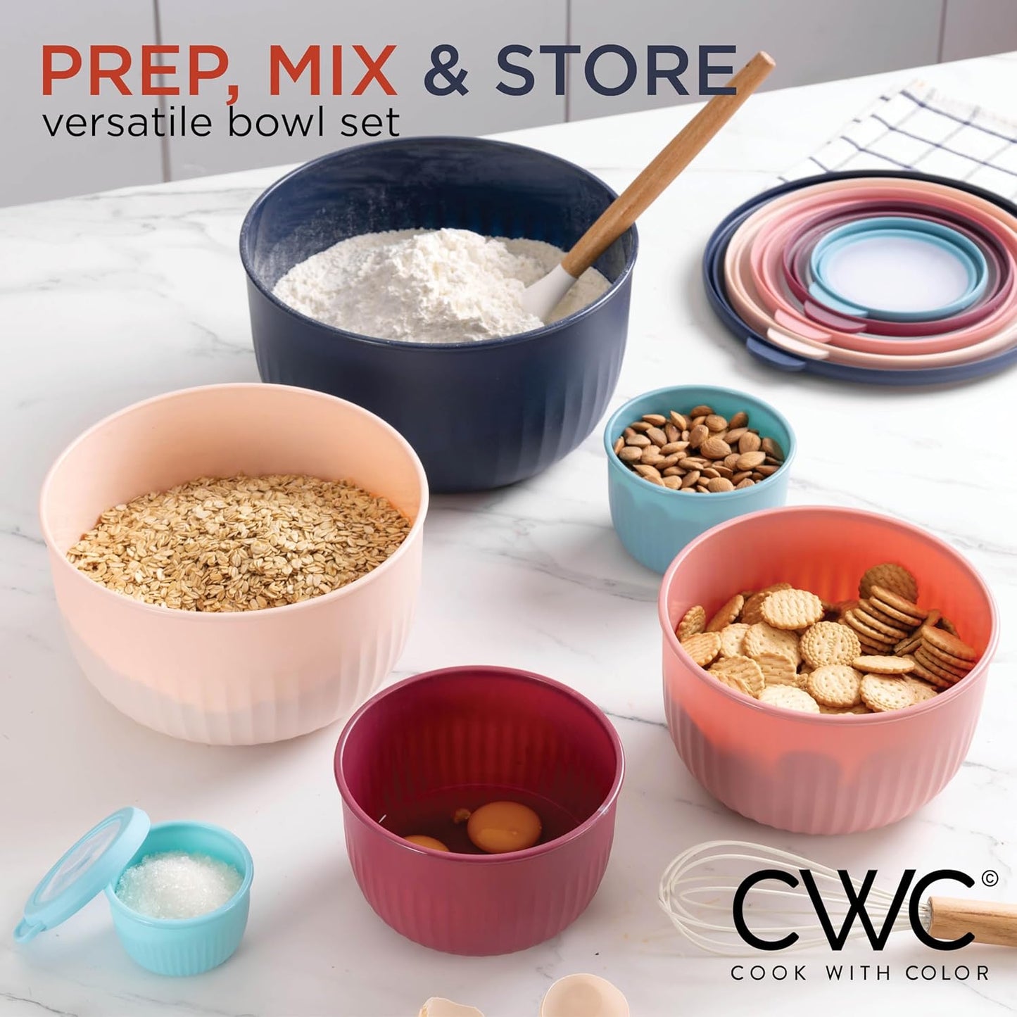 COOK WITH COLOR Prep Bowls with Lids- Wide and Deep Nesting Plastic Small Mixing Bowl Set with Lids, 8 Piece Set - Wide Bowls, Blue