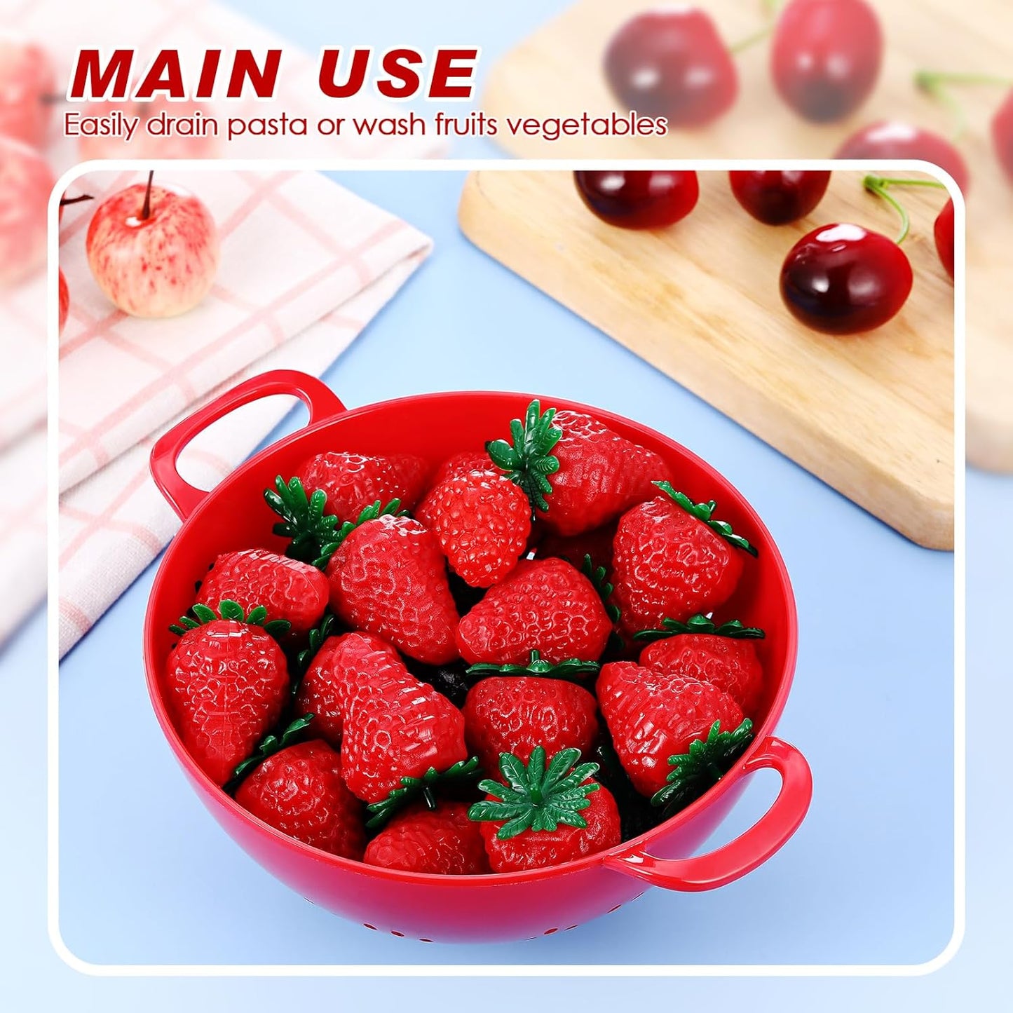 Baderke 4 Pack Mini Colander for Kitchen Plastic Berry Strainer with Double Handles 7.5 x 6 x 3 Inch Small Colander Strainer for Fruits Vegetables Food (Green, Purple, Red, Lemon Yellow)