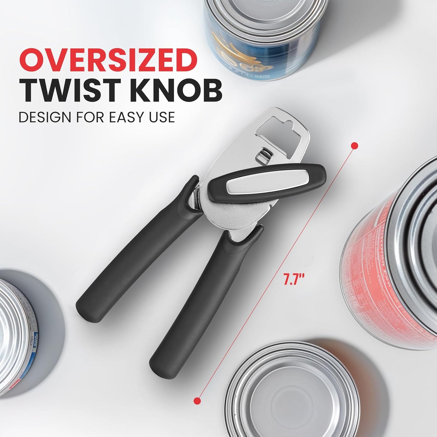 Zulay Kitchen Can Opener with Large Bottle Opener - Heavy Duty Stainless Steel Manual Can Opener with Turn Knob and Soft Grip Handles - Black