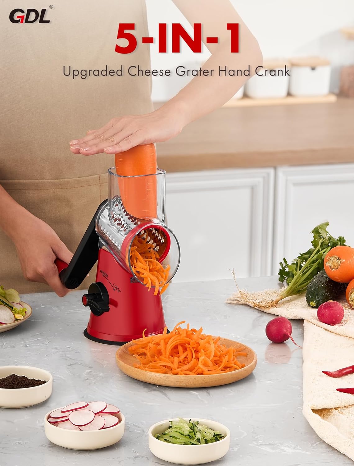 Cheese Grater Rotary, Rotary Grater for Kitchen, Kitchen Grater Vegetable Slicer with 3 Drum Blades, Fast Cutting Cheese Shredder for Vegetables and Nuts