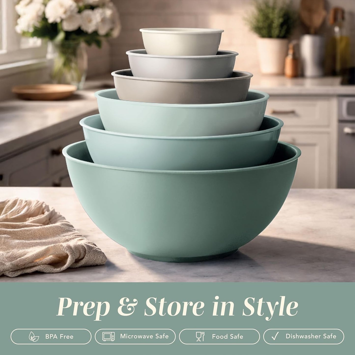 COOK WITH COLOR Mixing Bowls with Lids - 12 Piece Plastic Nesting Bowls Set includes 6 Prep Bowls and 6 Lids, Microwave Safe Mixing Bowl Set, Black Embossed - Colors A