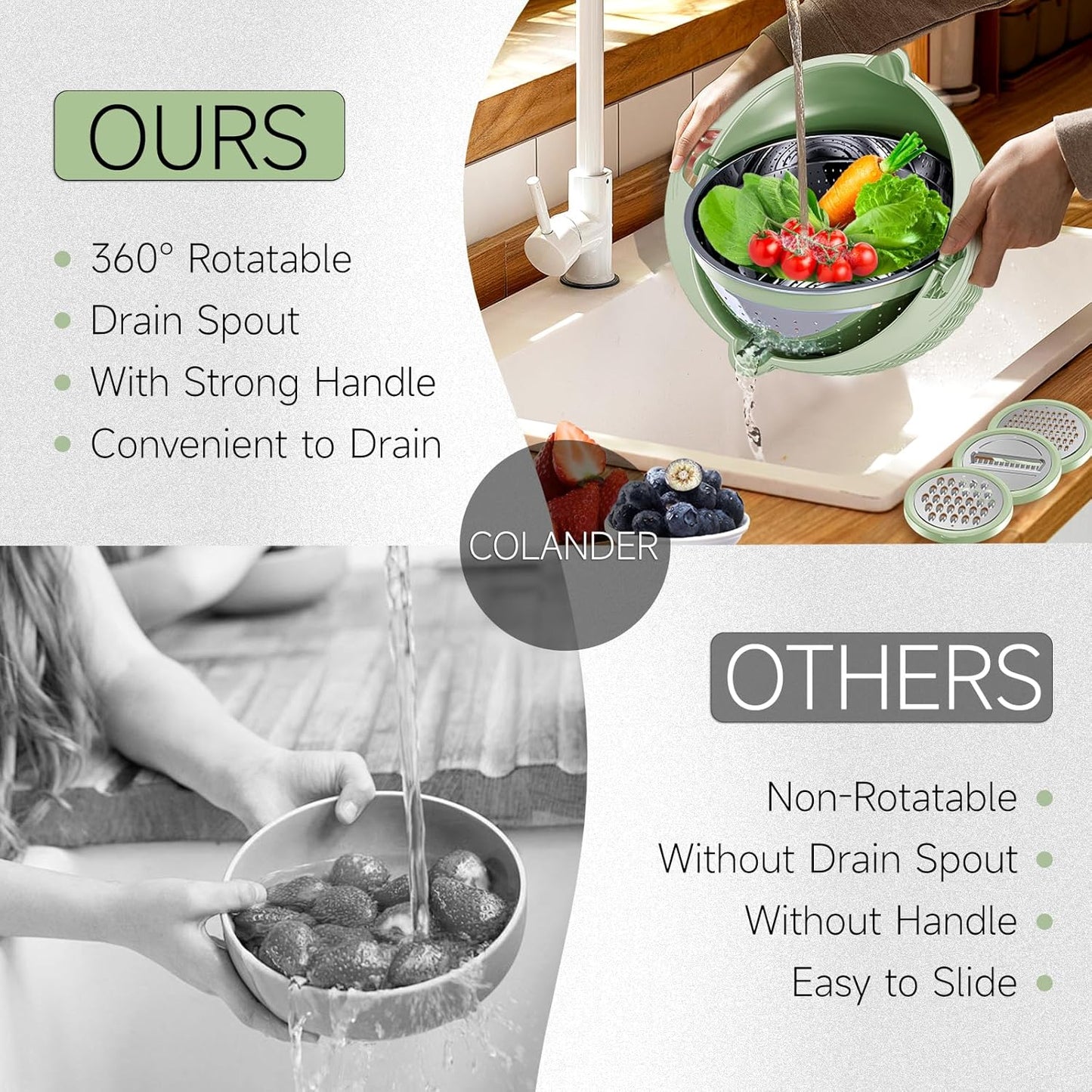 4-1 Colander with Bowl Set - Pasta Strainer - Colander for Kitchen - Strainers and Colanders Rice Strainer Fruit Cleaner Veggie Wash Sink Strainer Kitchen Essentials - Black