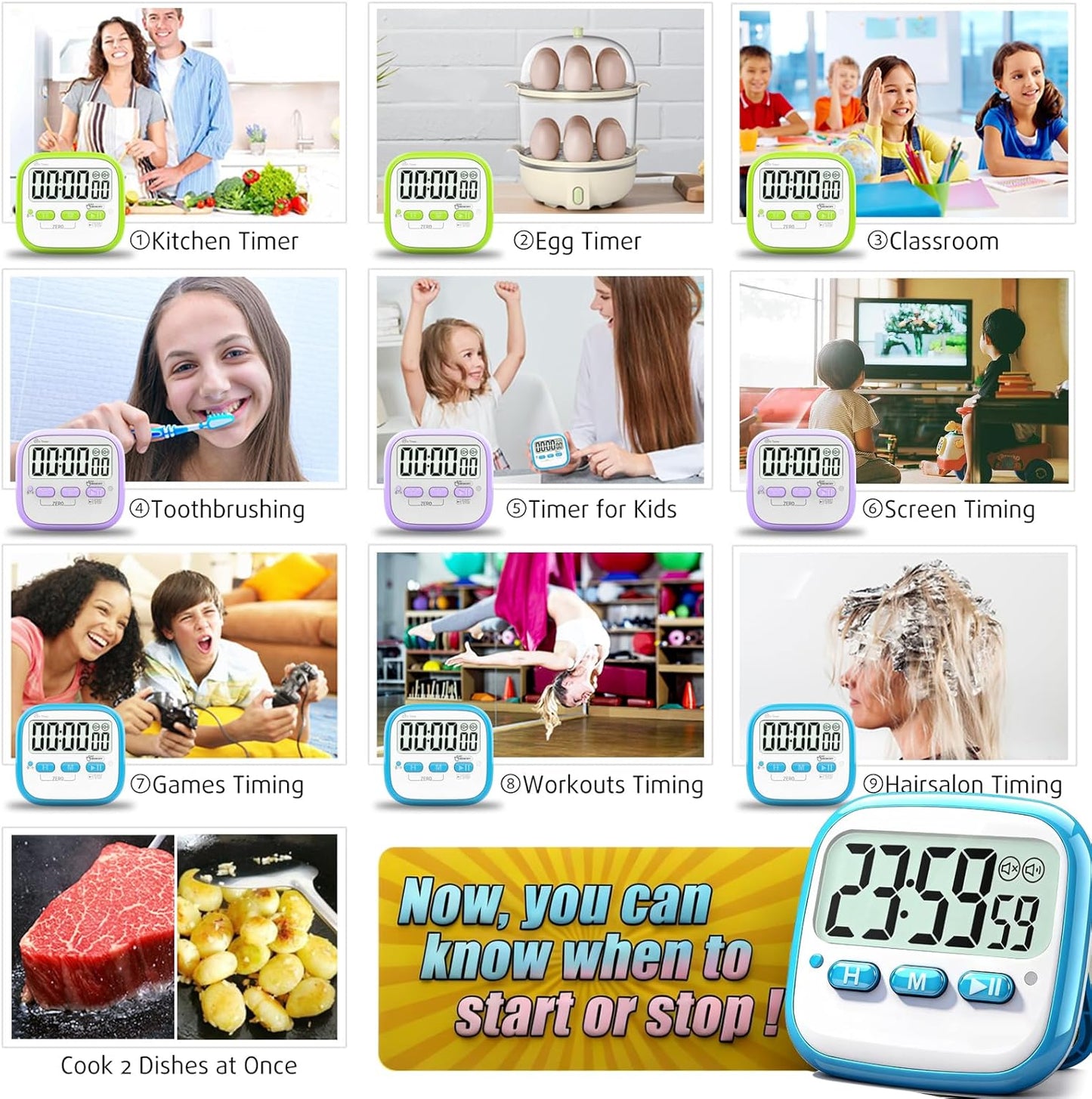 Antonki 2 Pack Classroom Timers for Kids Teachers, Magnetic Countdown Digital Kitchen Timer for Cooking, Study, Exercise, Games, Time Mangement - Loud/Silent Mode - Battery Included