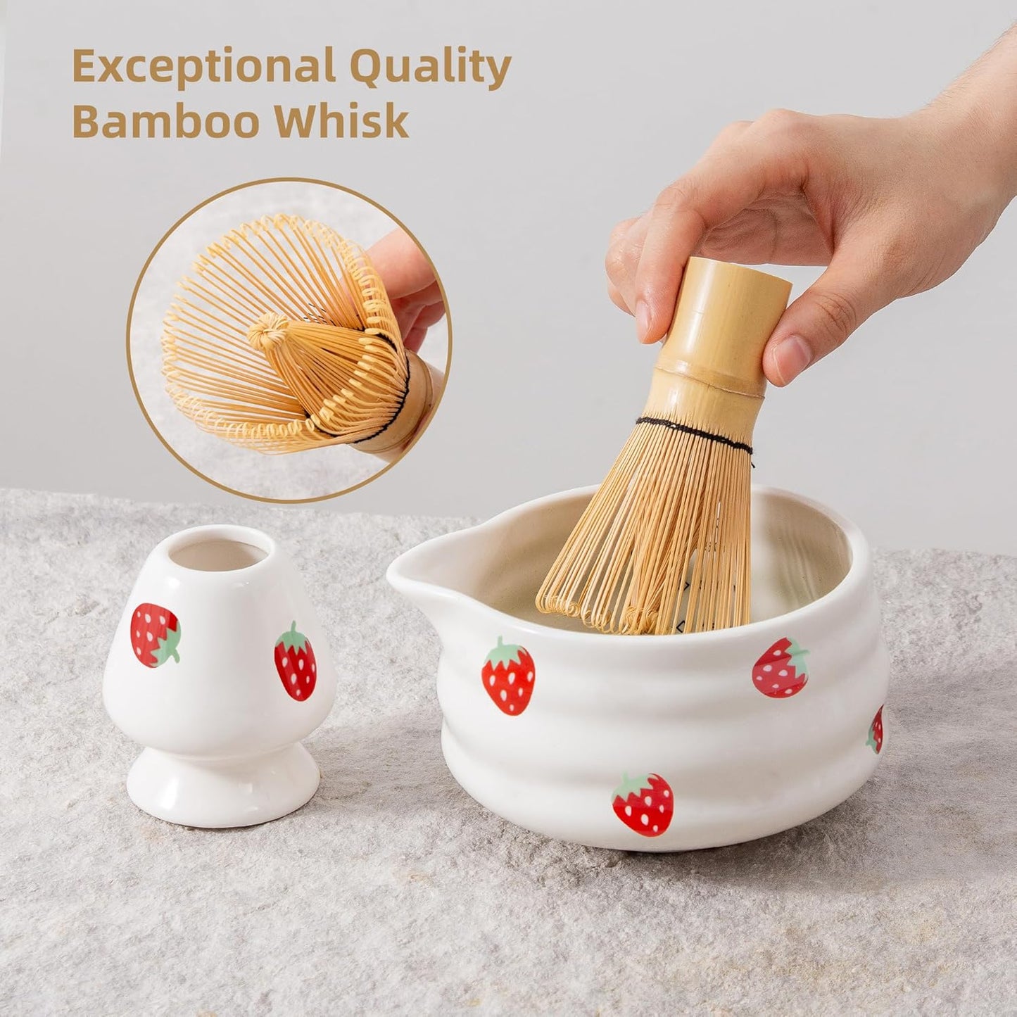 5pcs Premium Matcha Set,Ceramic Bowl with Spout and Bamboo Whisk set, Ceremonical Matcha Kit for breakfast/latte,Tea Starter Making Kit,Unique Matcha Gift set (pink love)