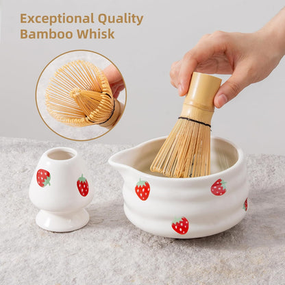 5pcs Premium Matcha Set,Ceramic Bowl with Spout and Bamboo Whisk set, Ceremonical Matcha Kit for breakfast/latte,Tea Starter Making Kit,Unique Matcha Gift set (pink love)