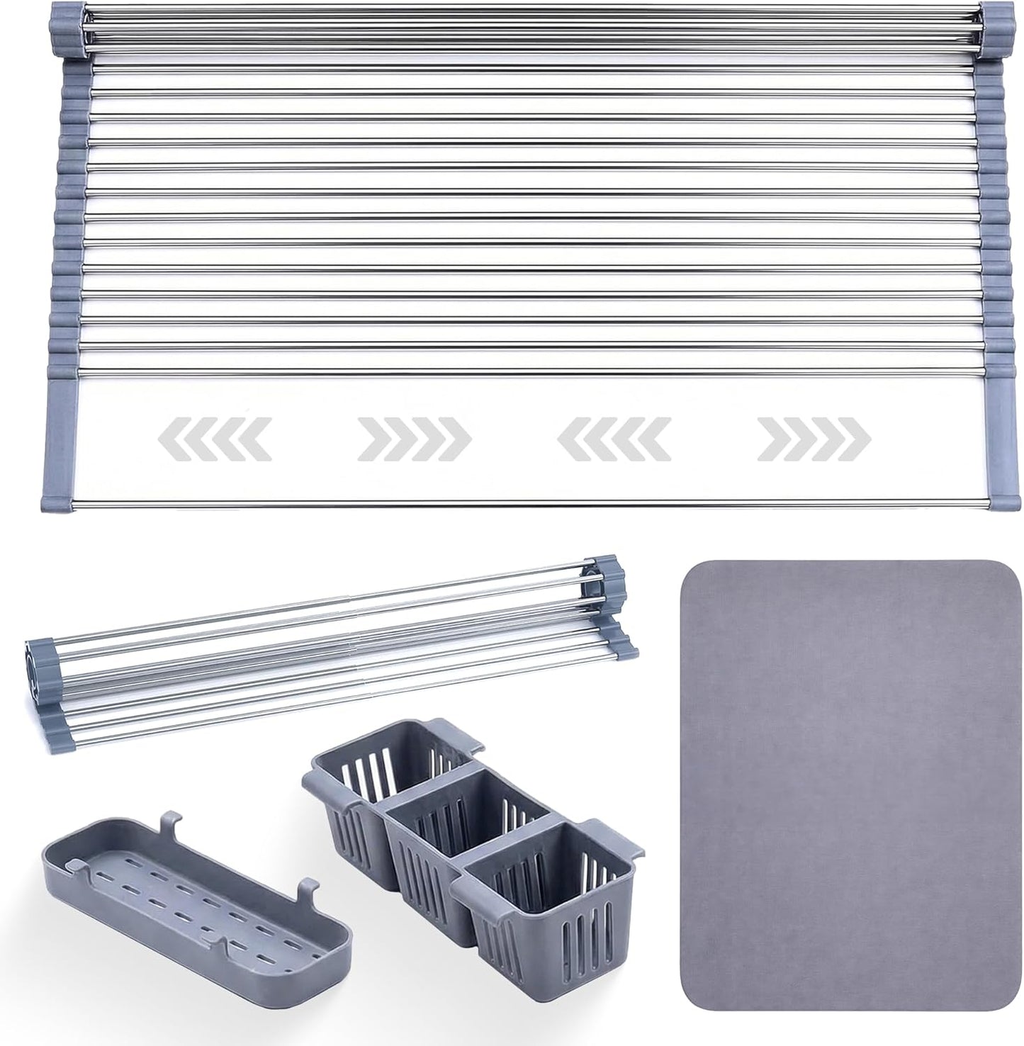 Havenity™ Expandable Roll Up Dish Drying Rack for Small Sinks - Expandable 12.8 to 22.8 Inch Over Sink Rack, Fits Apartments, RVs and Office Kitchens, Stainless Steel, 2 Baskets