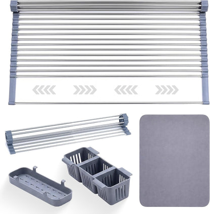 Havenity™ Expandable Roll Up Dish Drying Rack for Small Sinks - Expandable 12.8 to 22.8 Inch Over Sink Rack, Fits Apartments, RVs and Office Kitchens, Stainless Steel, 2 Baskets