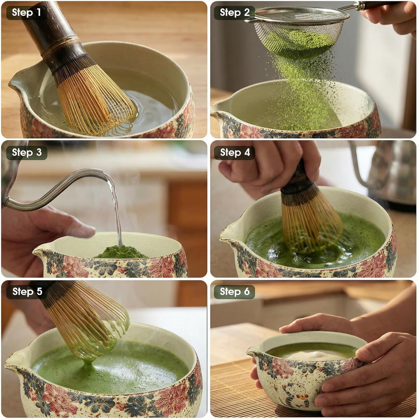 Matcha Whisk Set, 7-Piece Matcha Kit with Ceramic Bowl, Bamboo Whisk, Scoop, Sifter, Holder & Bamboo Mat – Premium Matcha Tea Set for Beginners & Matcha Lovers, Gift Ready