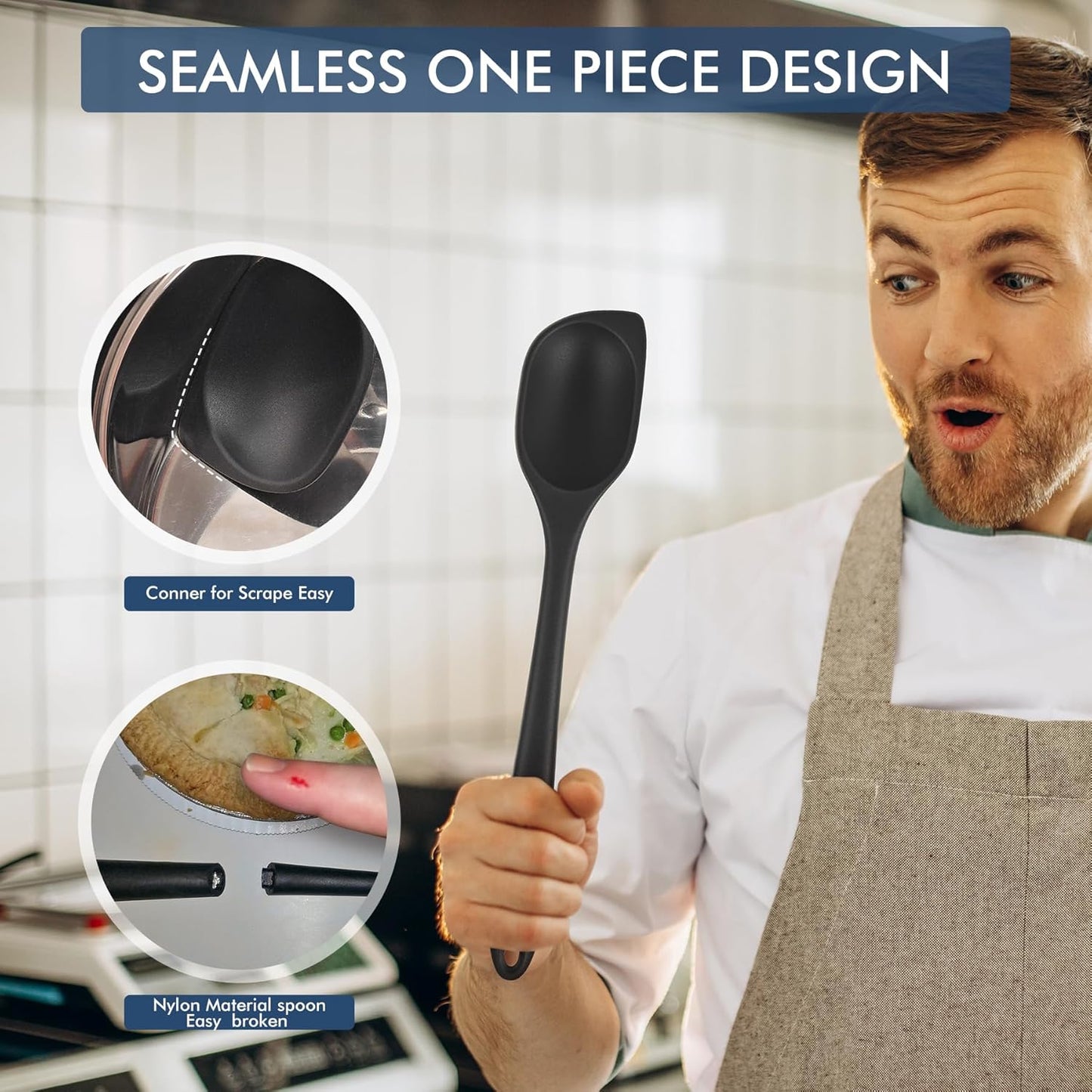 HOTEC 446°F Heat Resistant Silicone Cooking Spoon Spatula, BPA Free Large Kitchen Solid and Slotted Spoons for Mixing, Serving, Scraping, Non-stick, Dishwasher Safe Classic Blue 12.5inch