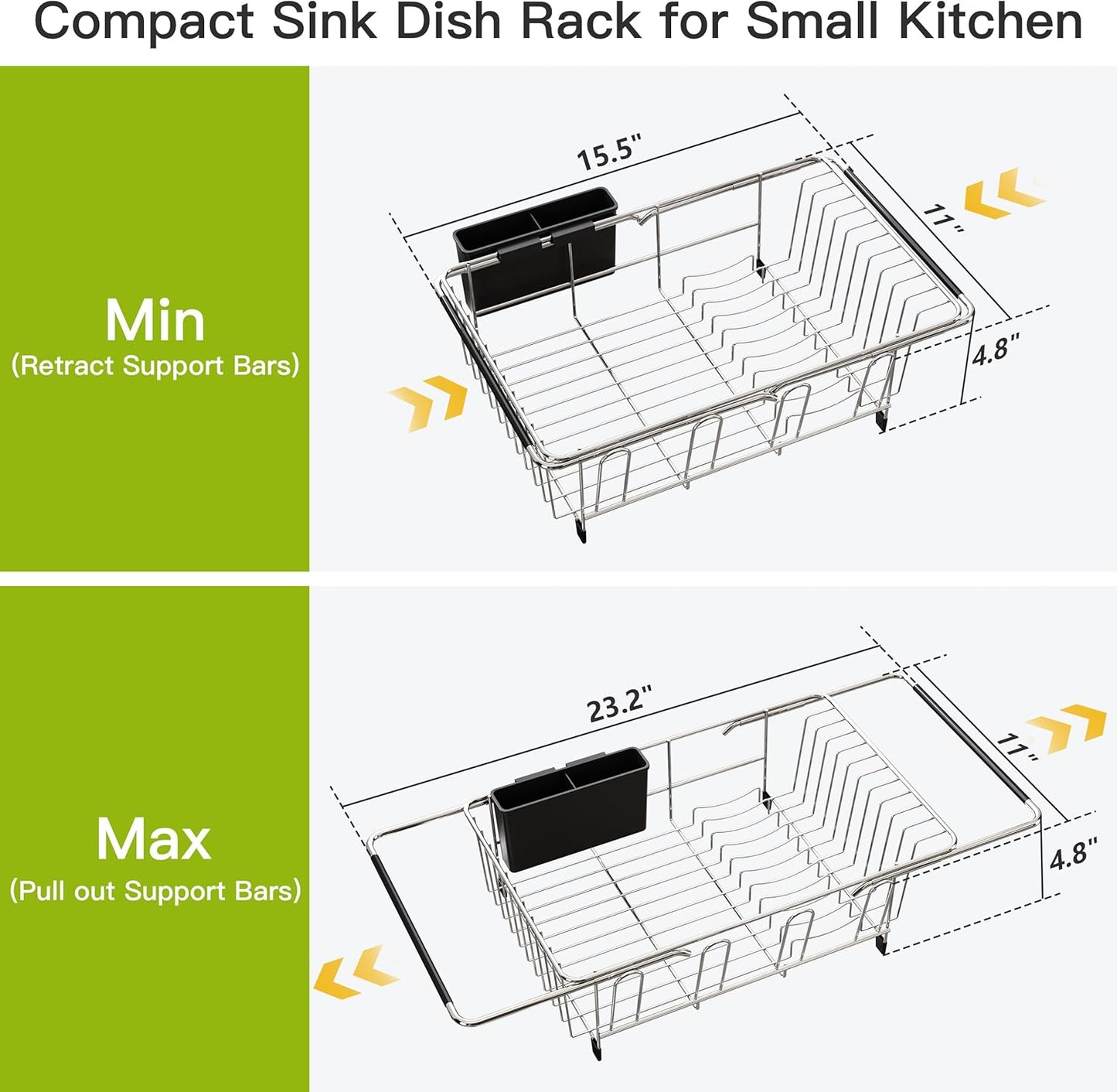 JASIWAY Roll Up Dish Drying Rack, Expandable (12.8"-23.8" D x 12.8" W) Stainless Steel Portable Drainer for Kitchen Sink Counter, Foldable Over The Sink Cover with Removable Utensil Holder