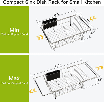 JASIWAY Roll Up Dish Drying Rack, Expandable (12.8"-23.8" D x 12.8" W) Stainless Steel Portable Drainer for Kitchen Sink Counter, Foldable Over The Sink Cover with Removable Utensil Holder