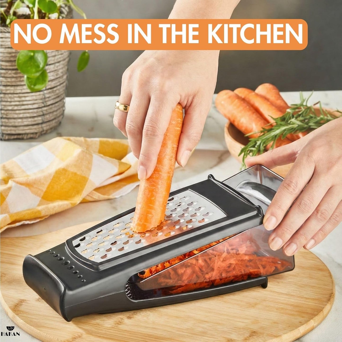 HAKAN Grater with Collection Box and Stainless Steel Blades | Handheld Ergonomic Cheese & Vegetable Grater with Container | 18.5 oz Box | Dishwasher Safe