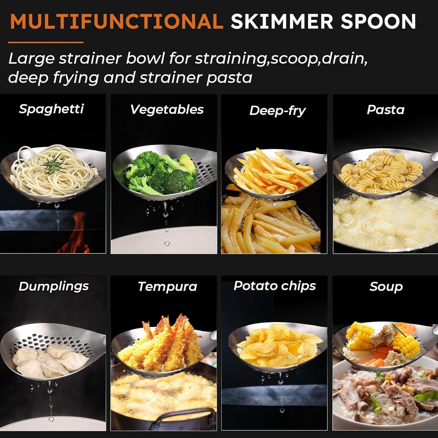MARTE Skimmer Slotted Spoon Set of 4 - Kitchen Pasta Strainer Spoon - Spider Strainer Skimmer Ladle Spoon with Holder for Cooking and Frying Food, Spaghetti, Vegetable, Dumpling - 14.8In,16.5In,17In