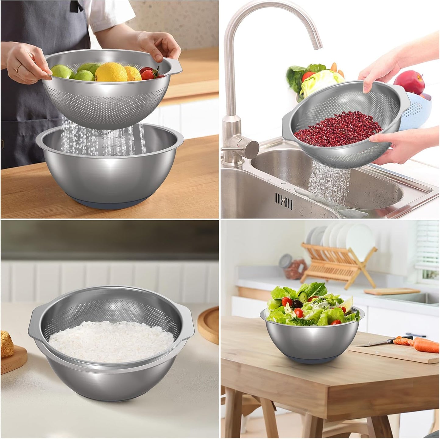 304 Stainless Steel Colander, 2.5 QT Capacity and 2.5 QT Mixing Bowl, Micropore Strainer for Washing Rice, Fruit, and Veggies, Perfect Draining for Cooked Pasta