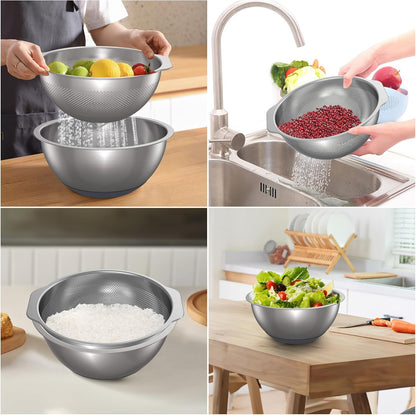304 Stainless Steel Colander, 2.5 QT Capacity and 2.5 QT Mixing Bowl, Micropore Strainer for Washing Rice, Fruit, and Veggies, Perfect Draining for Cooked Pasta