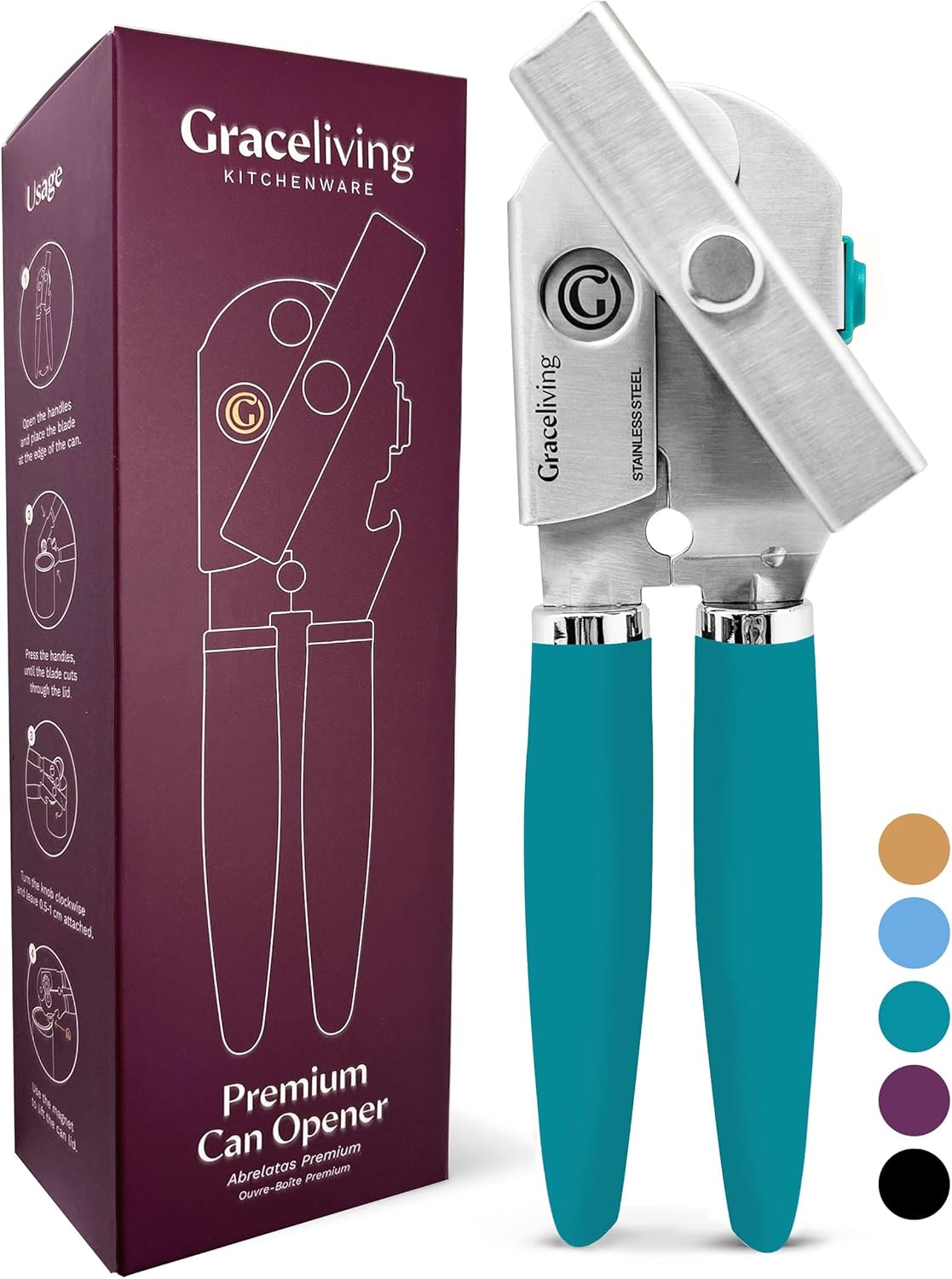 Premium Multifunction Magnetic Manual Can Opener and Bottle Opener, Heavy Duty Stainless Steel Sharp Cutting Blade and Oversized Easy Turn Knob, Soft-Touch Handle, Kitchen Use, Mauve