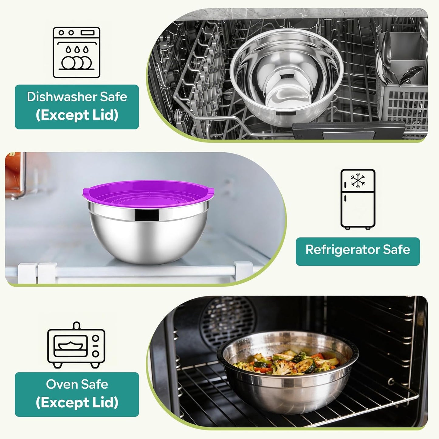 E-far Mixing Bowls with Lids, 6-Piece Stainless Steel Salad Bowls Metal Nesting Bowls for Baking Cooking and Prepping, Airtight Lids & Stackable Design, Size 4.5, 3, 1.5 QT (Black)