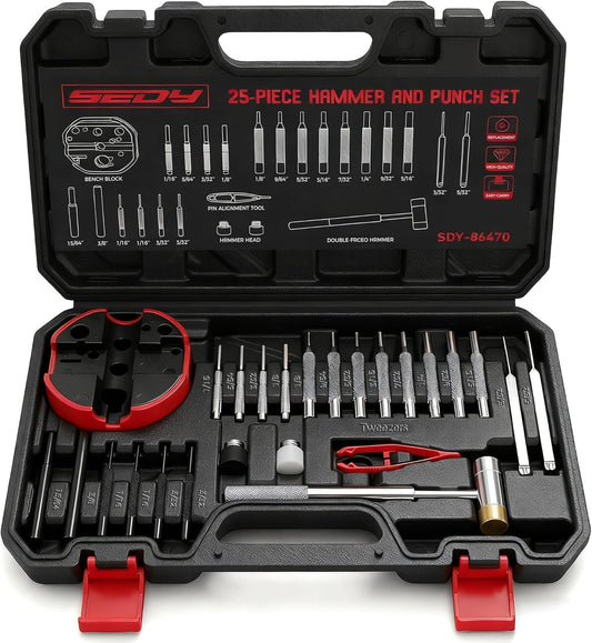 Premium Pin Punch Hammer Set: 25-Piece Punch Set and Hammer with Bench Block, Steel Roll Pin Punch Set, Pin Punches with Replaceable Face Hammer, Mechanical Repair Tool for Maintenance