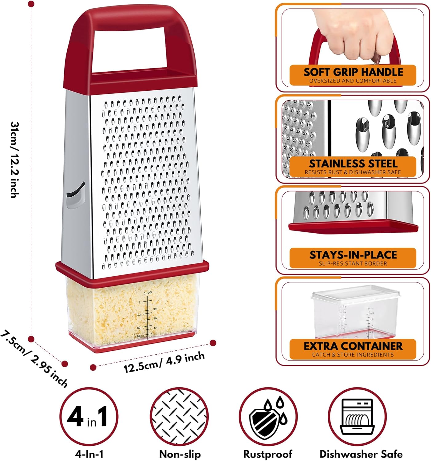 Urbanstrive Cheese Grater With Container, Professional Cheese Grater with Handle, Stainless Steel Graters for Kitchen Handheld, Box Grater with 4 Sides for Vegetables, Ginger, Potatoes (Blue)