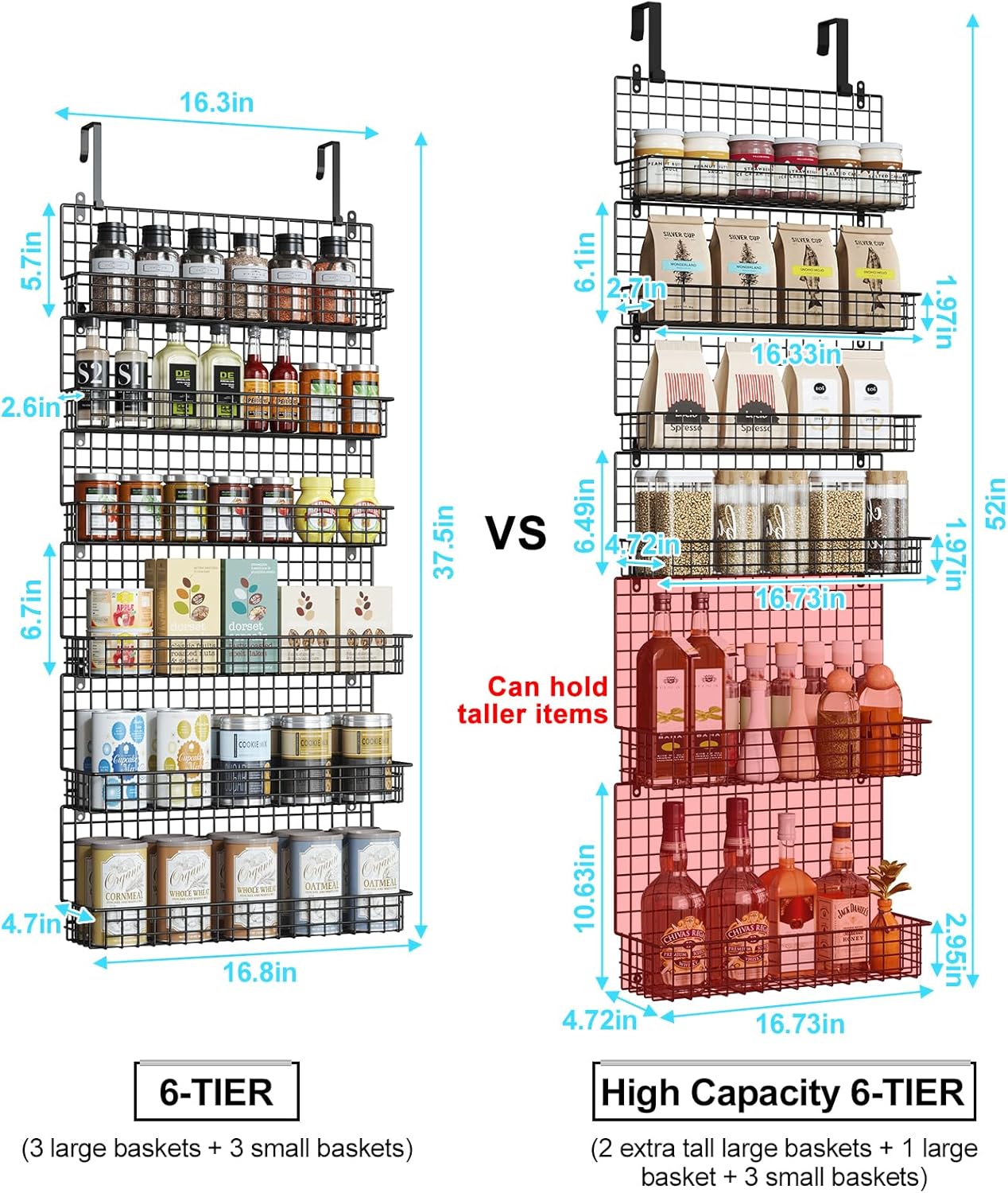 JKsmart 6-Tier Spice Rack Organizer with Door Hook, Wall Mounted & Over the Door Spice Racks for Kitchen Pantry Door Cabinet, Two Size, Large Capacity, Black
