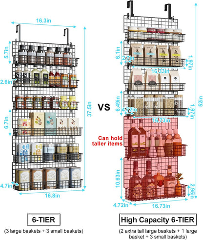 JKsmart 6-Tier Spice Rack Organizer with Door Hook, Wall Mounted & Over the Door Spice Racks for Kitchen Pantry Door Cabinet, Two Size, Large Capacity, Black