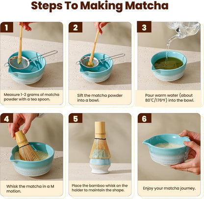 Matcha Whisk Set, Ceramic Matcha Kit Desert Style, Matcha Whisk and Bowl, Bamboo Scoop and Rest, Sifter and Tea Towel, 7 Pcs Gifts for Matcha Lover - Matte Black