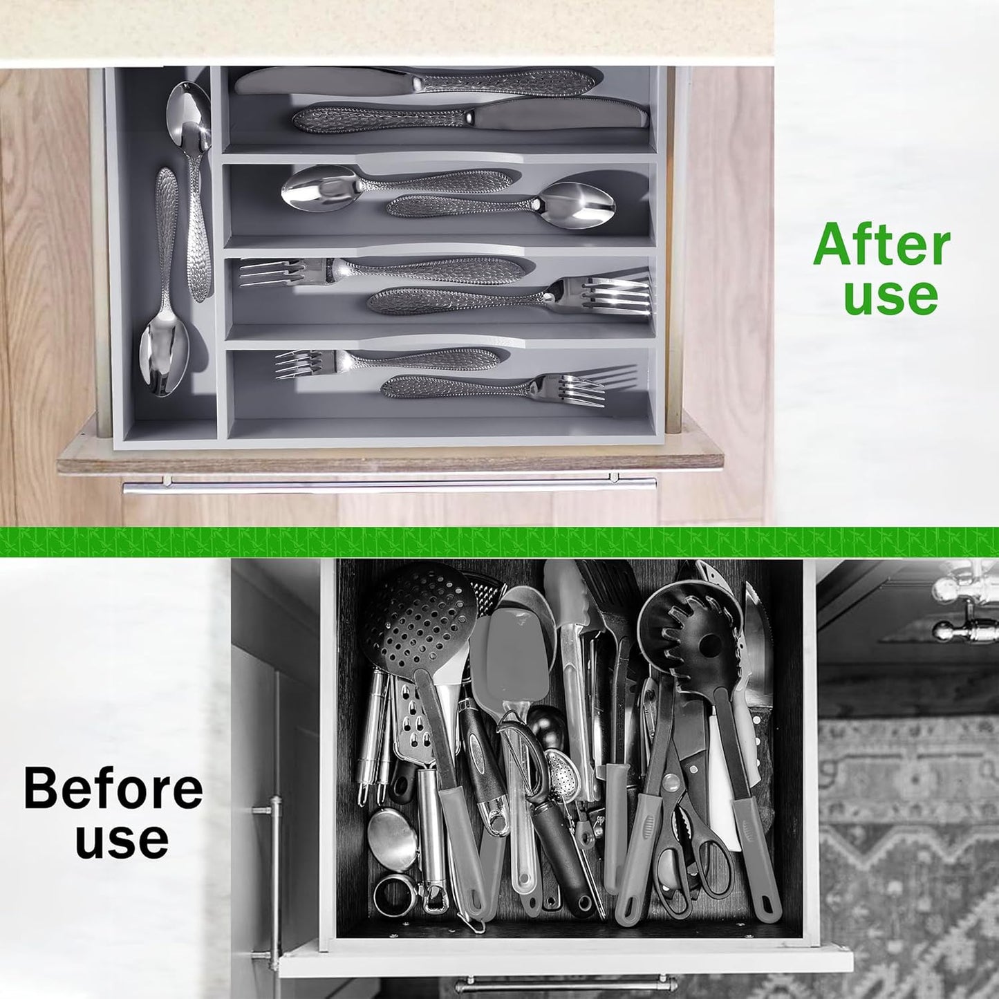 Greenual Black Silverware Organizer 10 In Utensil Organizer Silverware Tray for Drawer Cutlery Flatware Organizer for Kitchen Bamboo Wood