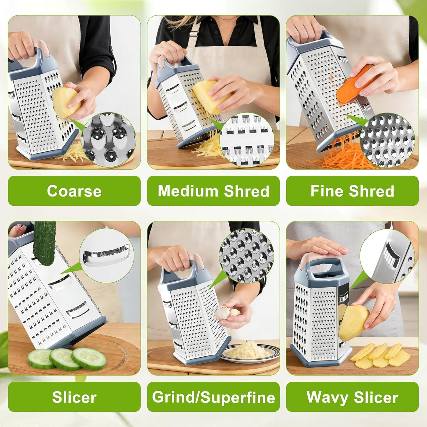 Cheese Grater, 6 Sides Box Graters for Kitchen, Stainless Steel Food Shredders for Cheese Vegetables Potatoes Carrot (Pink Handle)