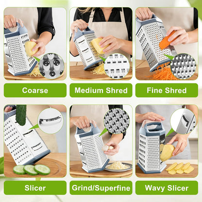 Cheese Grater, 6 Sides Box Graters for Kitchen, Stainless Steel Food Shredders for Cheese Vegetables Potatoes Carrot (Pink Handle)