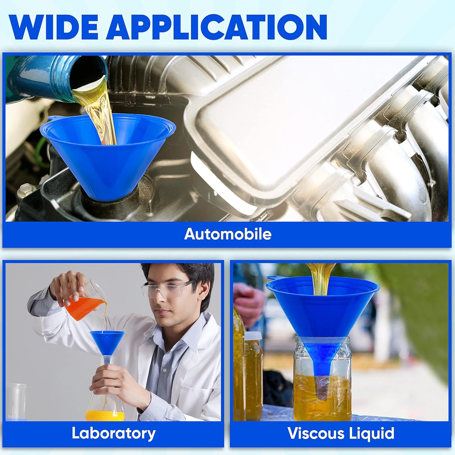 LIQVEE™ Funnel Set (4 Sizes: 122, 101, 76, 50mm) - Durable, Non-Toxic, Food-Grade Plastic funnels for Filling Bottles and containers. Ideal for Kitchen, Garage, or Labs. Perfect for Precise Pouring.
