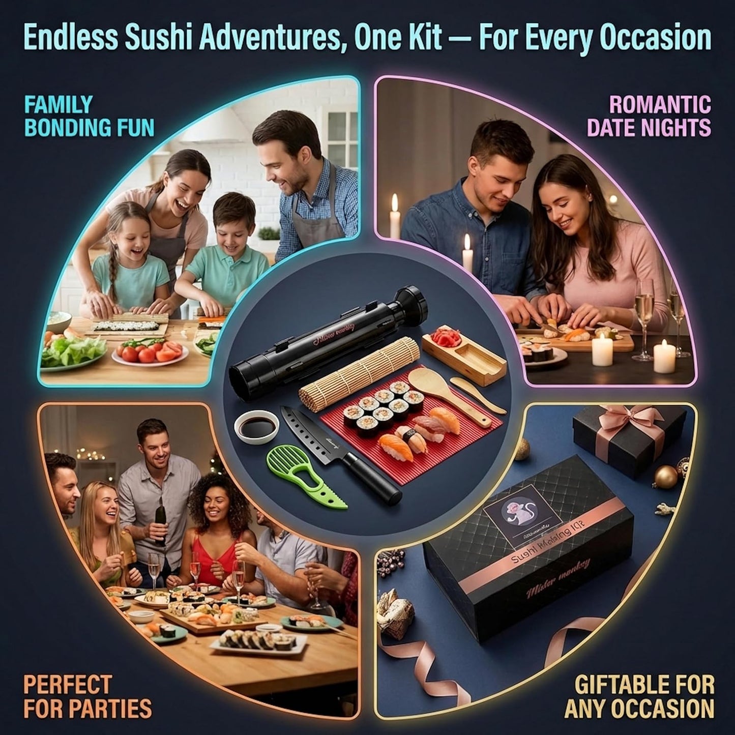 Albino monkey Sushi Making Kit with Pro Sashimi Knife – Roll 10+ Sushi Types – Sushi Bazooka, Bamboo + Dishwasher-Safe Mats, Nigiri Mold & Avocado Slicer Gift Box + Step-by-Step Video Guide