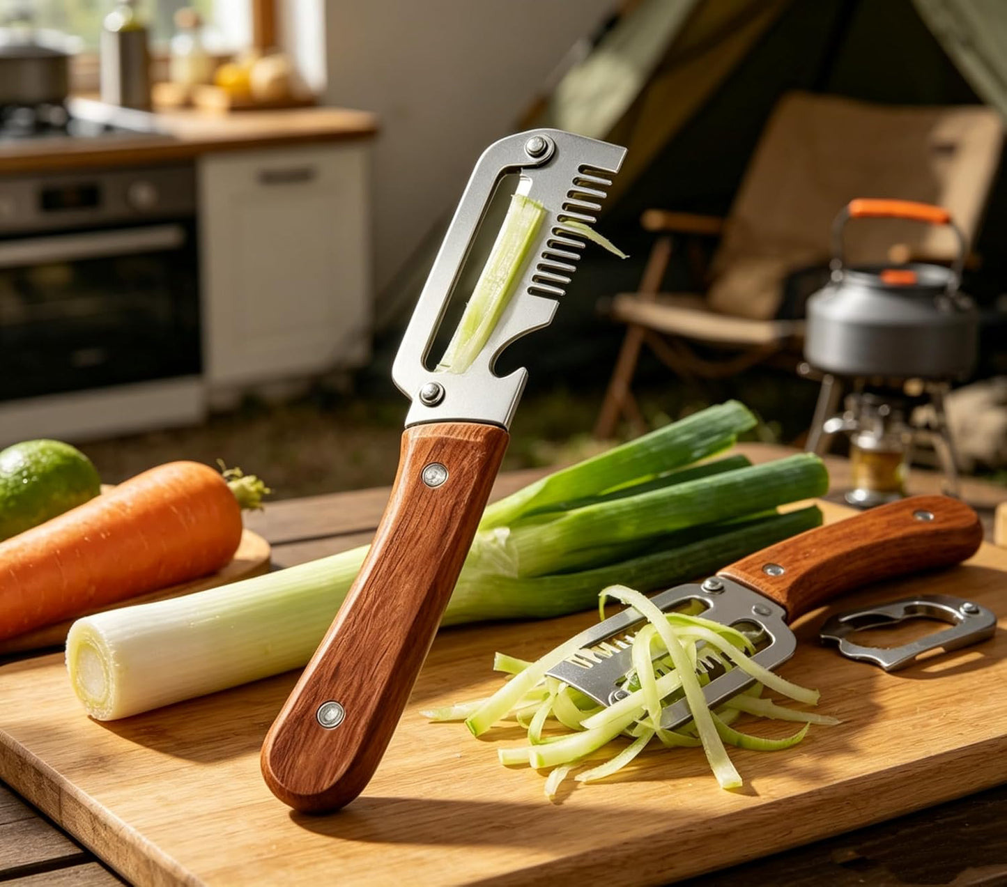 2026 Upgrade 3-in-1 Veg Peeler, Wood Handle Thick Stainless Steel Wide Blade, Scallion Shredder & Bottle Opener, Ultra-Sharp Multi Peeler for Potato Carrot Kitchen Camping Travel (1pcs+1ps)