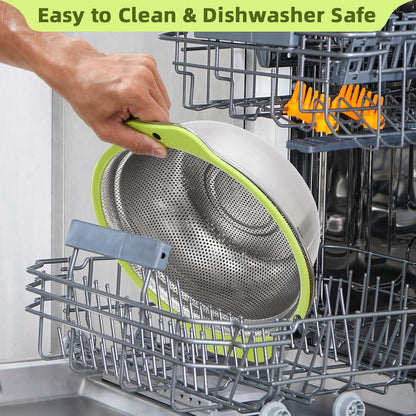 Colander Stainless Steel Microporous, 2QT Rice Strainer with Mixing Bowl, Rice Washer Bowl Set with Handle, Food-Grade Strainers and Colanders for Kitchen, Pasta, Fruit, Dishwasher Safe
