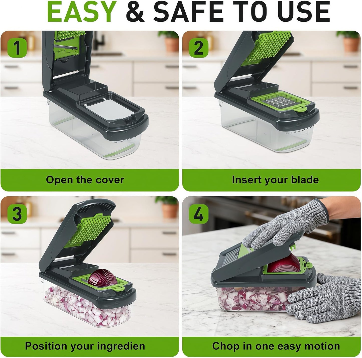 Mandoline Slicer for Kitchen, Vegetable Chopper & Dicer, Professional Food Slicer with Stainless Steel Blades, Safe Veggie Chopper for Onion Potato Carrot Fruit, Easy to Clean
