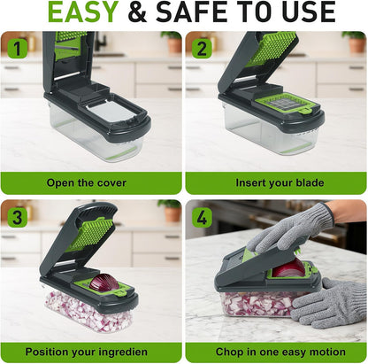 Mandoline Slicer for Kitchen, Vegetable Chopper & Dicer, Professional Food Slicer with Stainless Steel Blades, Safe Veggie Chopper for Onion Potato Carrot Fruit, Easy to Clean