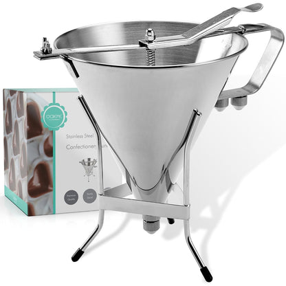 Stainless Steel Confectionery Funnel Dispenser with Precision Nozzles – Includes 1/8", 1/4", and 1/3" Tips – Ideal for Chocolate, Sauces, Batter, and Pastry Work