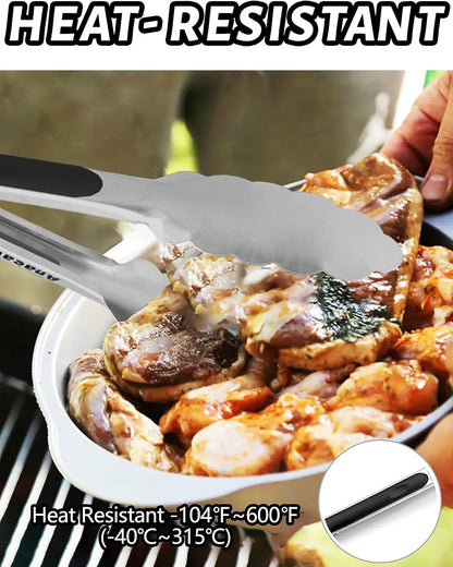 Anaeat Non-Stick Silicone Locking Tong Set of 3 - Stainless Steel 7", 9", 12" Kitchen Food Tongs with Non-Slip Silicone Tips and Grip for Cooking, Baking and BBQ - Heat Resistant up to 480°F (Black)