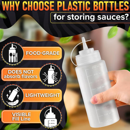 Set of 6 Inverted Condiment Squeeze Bottles 16 oz – Upgraded Design with Added Sealing Gaskets, Self-Closing Valve, Easy-to-Fill Clear Bottles for Sauces, Dressings, Ketchup, Mustard for Everyday Use