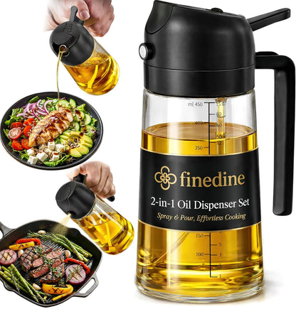 FineDine 16oz Olive Oil Sprayer for Cooking, 2 in 1 Olive Oil Dispenser Bottle for Kitchen, Air Fryer, Salad, BBQ & Baking – Dual Spray Mist & Stream, with Measurement Marks, Black