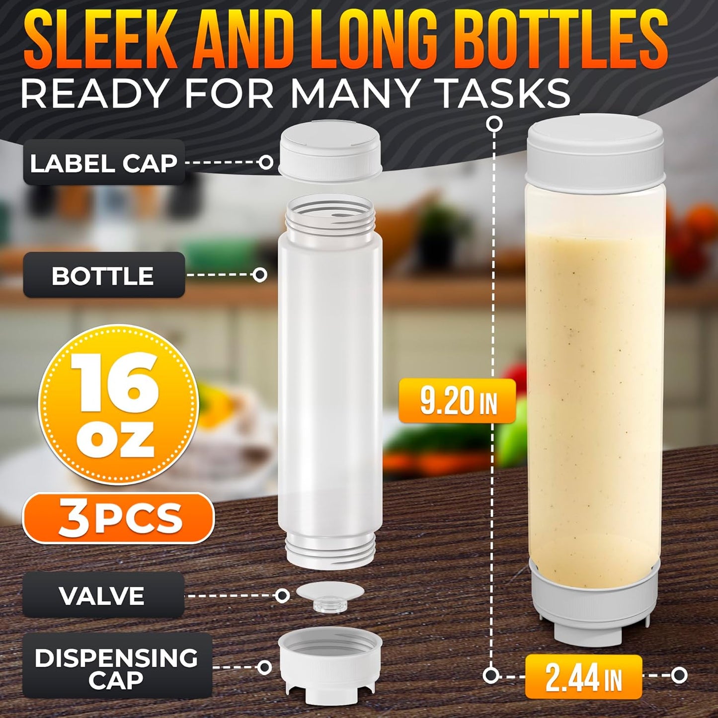 Set of 6 Inverted Condiment Squeeze Bottles 16 oz – Upgraded Design with Added Sealing Gaskets, Self-Closing Valve, Easy-to-Fill Clear Bottles for Sauces, Dressings, Ketchup, Mustard for Everyday Use