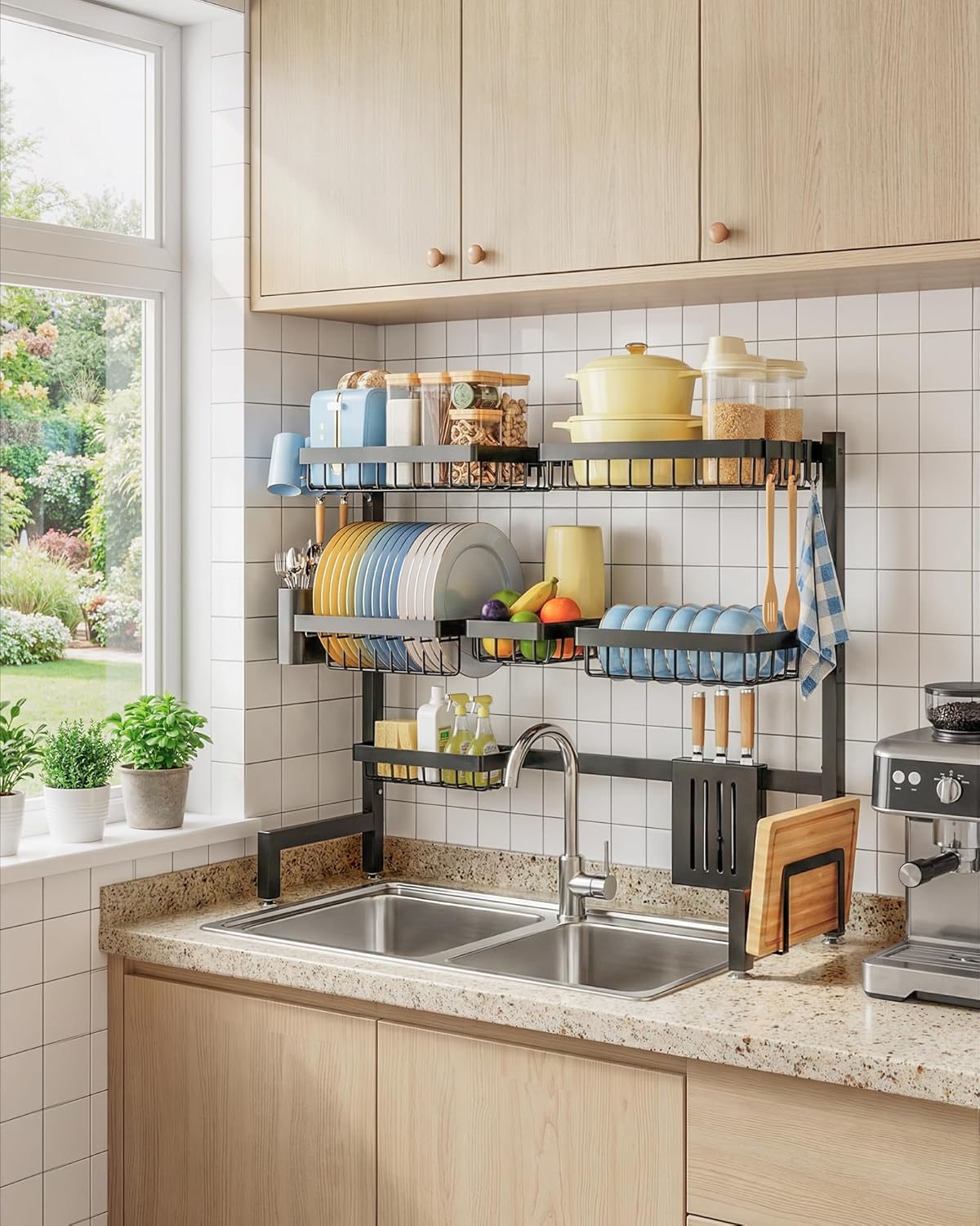 Sakugi Over The Sink Dish Drying Rack, Expandable 2-Tier Stainless Steel Kitchen Storage Organization Accessories for Countertop, Rustproof & Space-Saving, 30"–34.5" L x 12" W x 25" H, Black