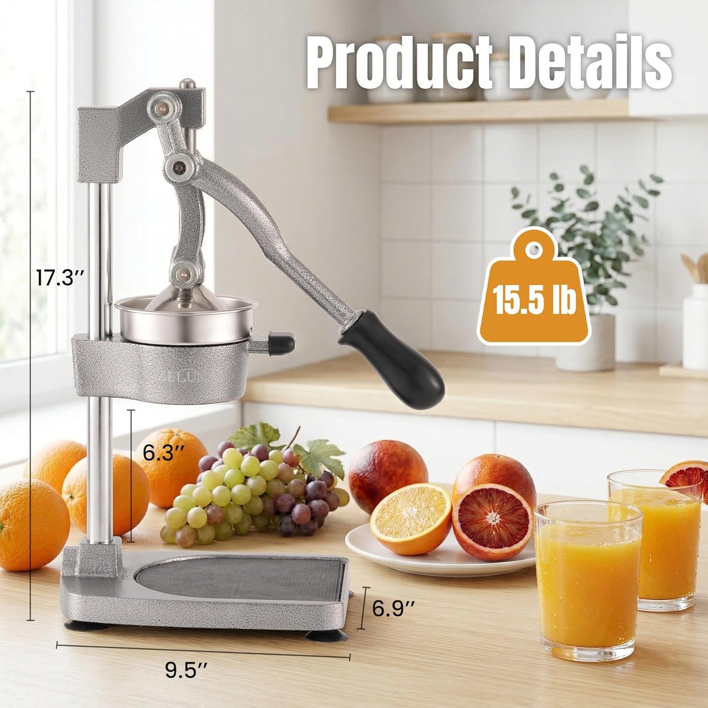 Manual Cast Iron Juicer, Heavy Duty Hand Press Squeezer with Stable Base & Stainless Steel Cup, Orange Juice Press for Orange, Lemon, Easy to Clean for Juice Lovers & Health Enthusiasts