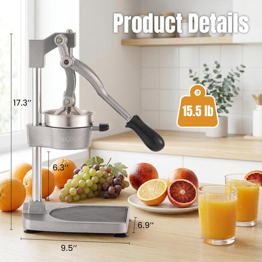 Manual Cast Iron Juicer, Heavy Duty Hand Press Squeezer with Stable Base & Stainless Steel Cup, Orange Juice Press for Orange, Lemon, Easy to Clean for Juice Lovers & Health Enthusiasts
