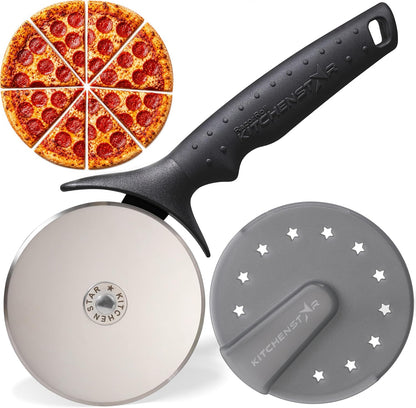 KitchenStar 14-Inch Pizza Cutter Rocker Blade - Sharp Stainless Steel Slicer Knife, Protective Cover, Dishwasher Safe, Large - Professional Pizza Oven Accessories
