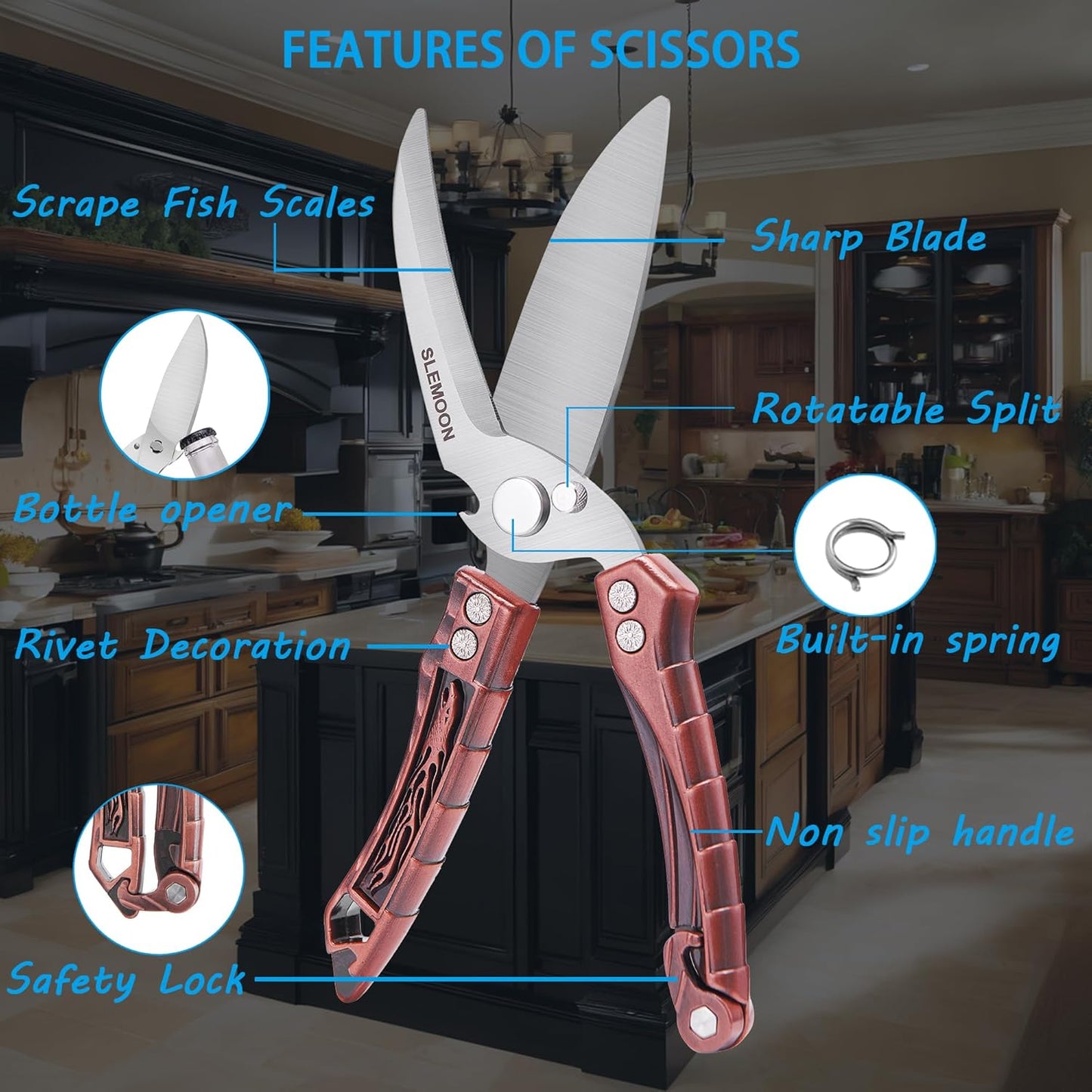 Heavy Duty Kitchen Poultry Shears - Professional Food Scissors for Spatchcocking Chicken, Cutting Raw Meat & Poultry Bones, Thick Steel Blades, Spring-Loaded, Dishwasher Safe Black