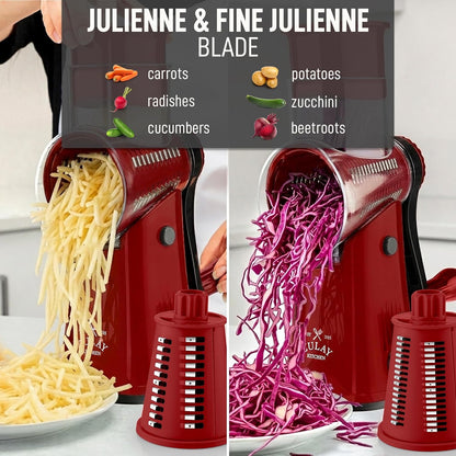 Zulay Kitchen Rotary Cheese Grater 5 Blade Cheese Shredder - Manual Hand Crank Cheese Grater With Reinforced Suction & 5 Interchangeable Drums - Easy to Use, Vegetable Chopper Round Mandoline Slicer - Colors B